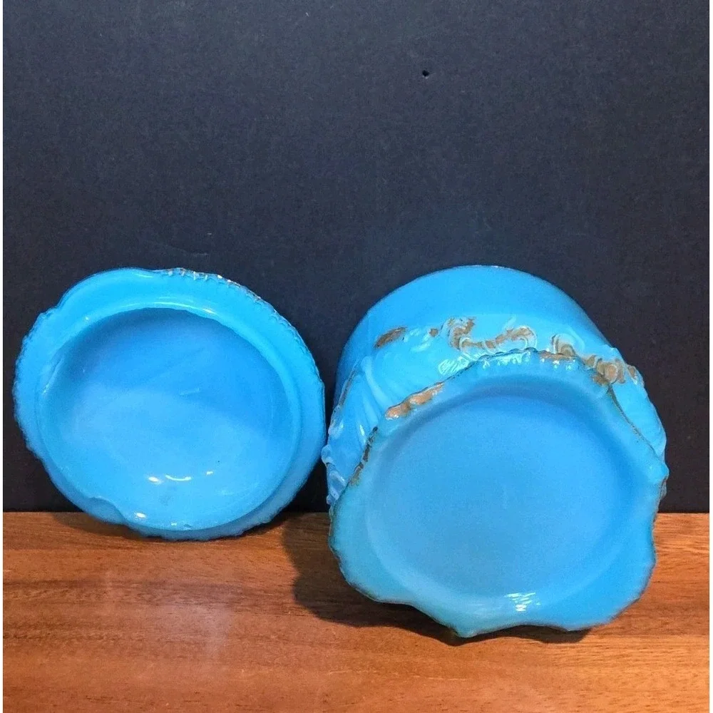 2 Antique blue slag milk glass EAPG Raised Edge Aqua Jewlery Trinket Boxes